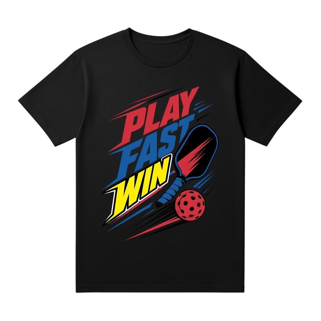 black cotton pickleball t-shirt with Play Fast Win graphic in red, blue, and yellow print.