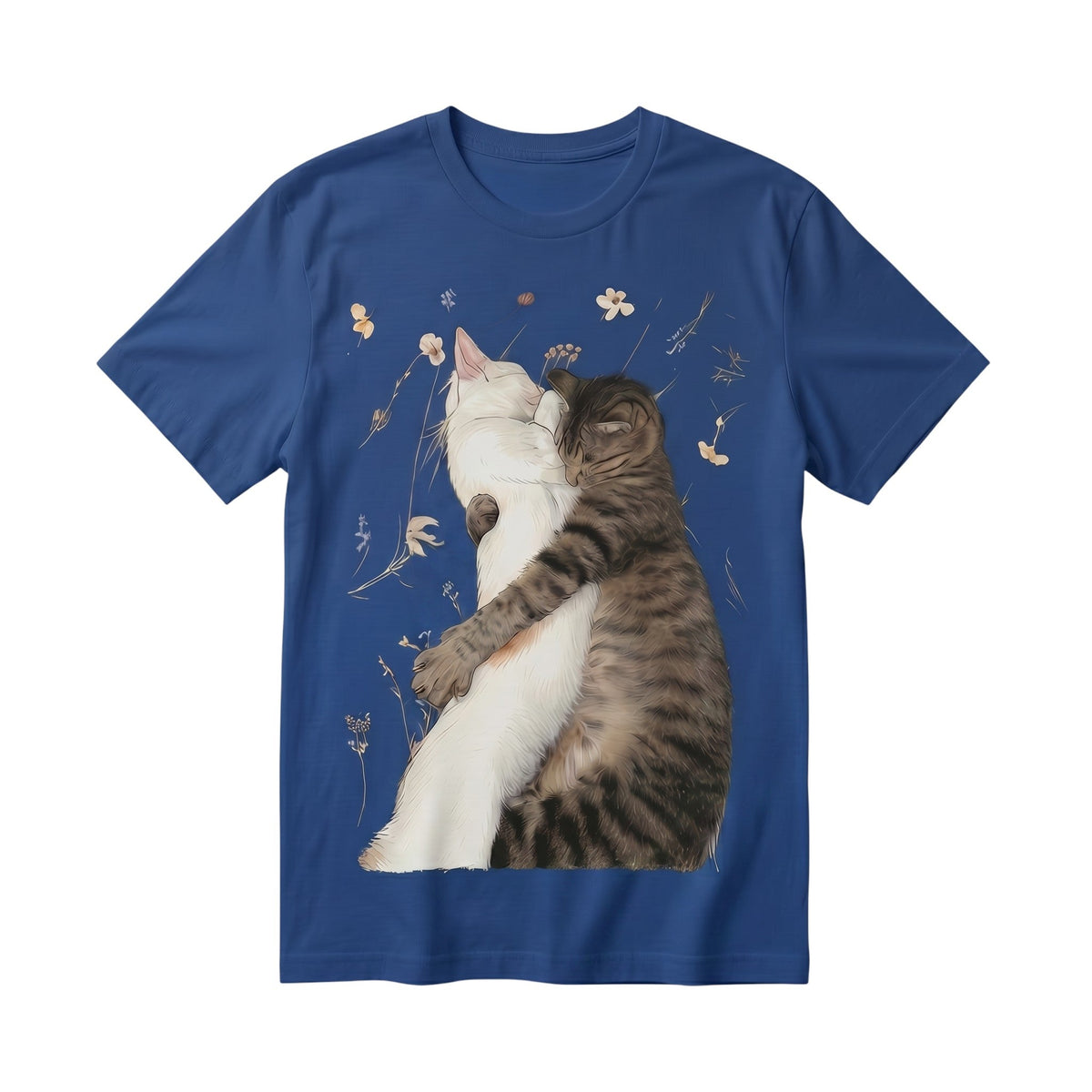 blue 100% cotton t-shirt featuring a graphic illustration of two cats hugging amidst wildflowers.
