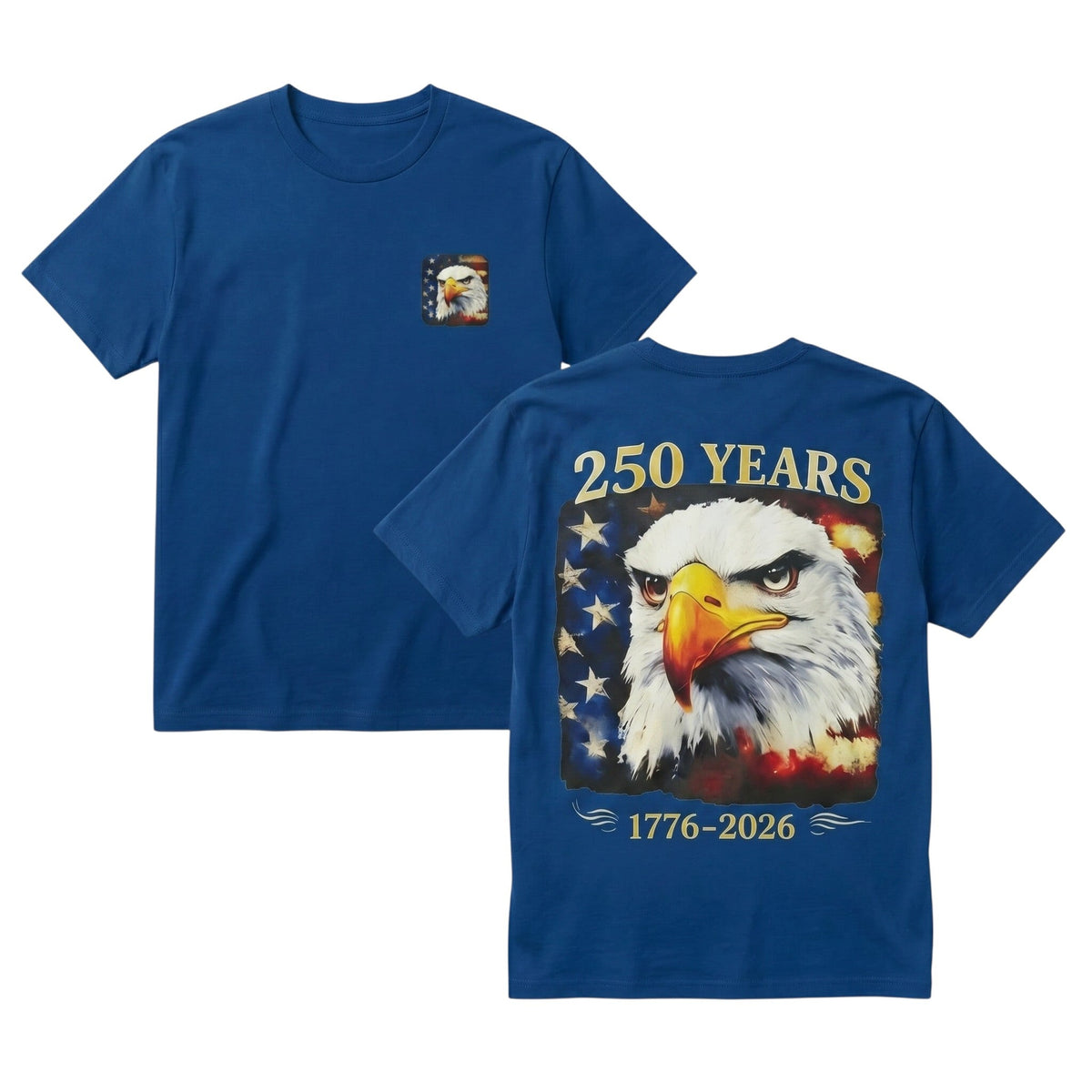 blue cotton t-shirt with American 250th anniversary eagle graphic on chest and back