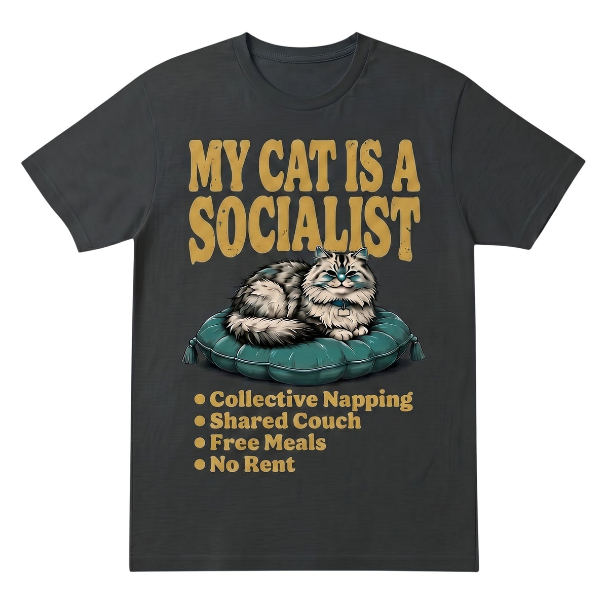 charcoal grey cotton graphic tee featuring a cat illustration and My Cat Is a Socialist text.