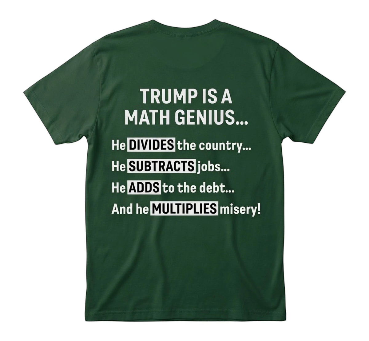 dark green unisex t-shirt with white text featuring a political math-themed graphic on the back.