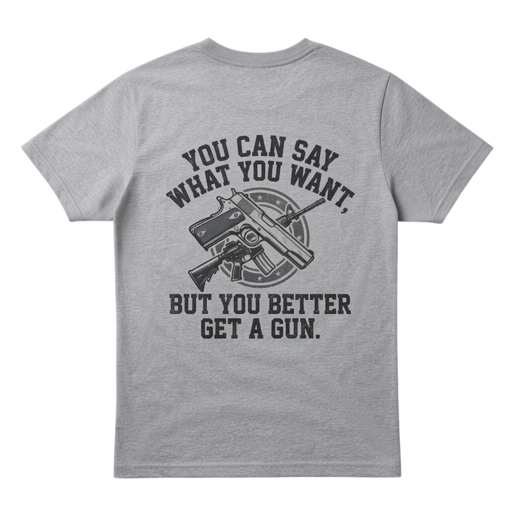grey cotton t-shirt featuring a back graphic with a gun illustration and bold text.