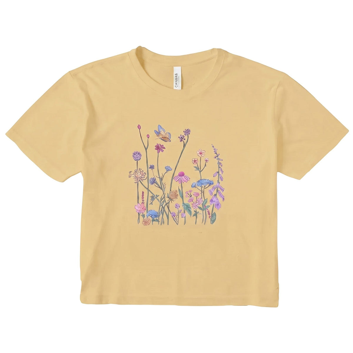 women's mustard yellow micro rib t-shirt featuring a delicate wildflower and butterfly graphic print.