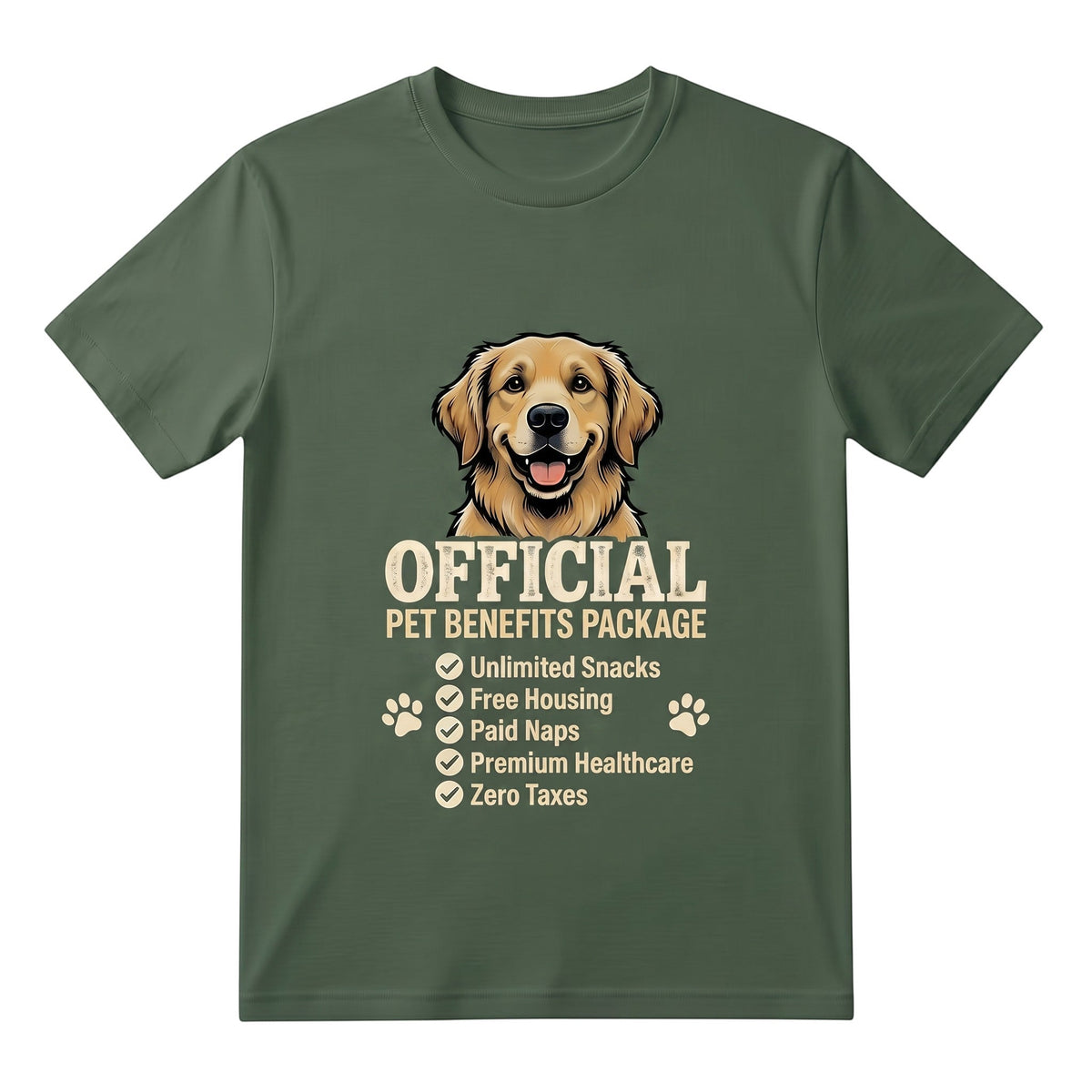 olive green unisex cotton t-shirt featuring a golden retriever and Official Pet Benefits Package graphic.