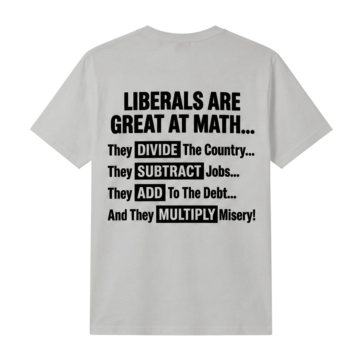 light grey t-shirt featuring bold black political text about math and liberal policies on the back.
