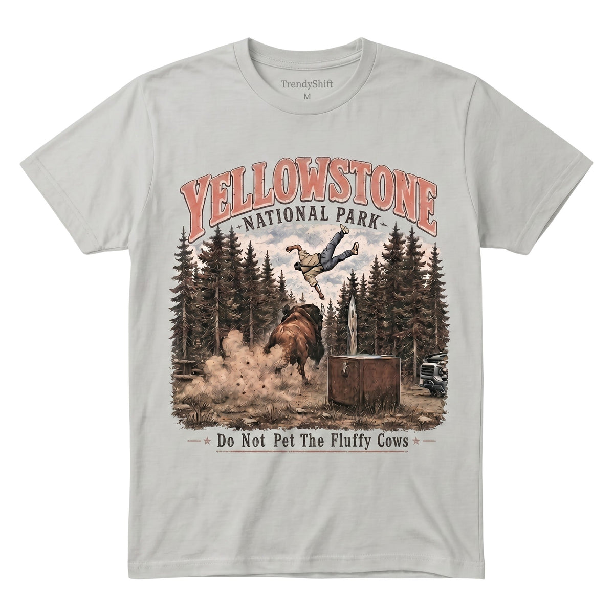 grey cotton Yellowstone National Park graphic t-shirt featuring a bison and humorous warning text.