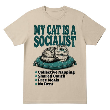  beige cotton graphic tee with a cat illustration and My Cat Is a Socialist text in vintage style