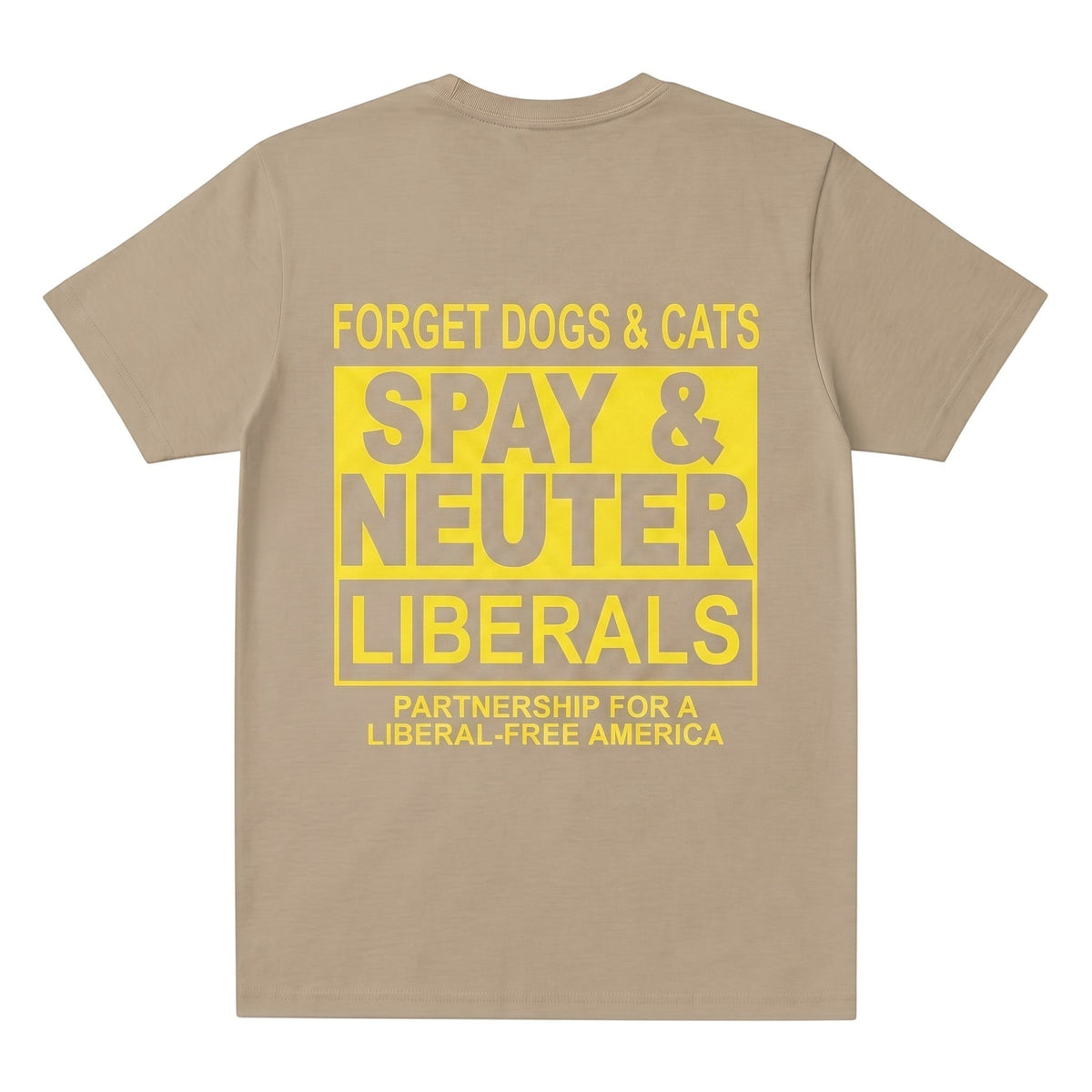  beige streetwear t-shirt with bold yellow graphic print on the back featuring political satire text.