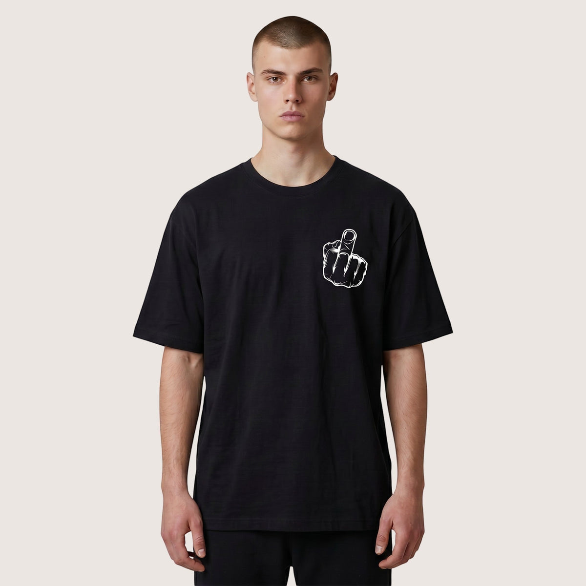 black heavyweight cotton t-shirt featuring a white middle finger graphic on the chest