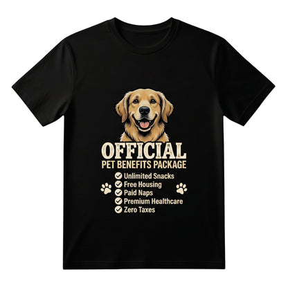  black cotton unisex t-shirt featuring a golden retriever and Official Pet Benefits Package graphic.