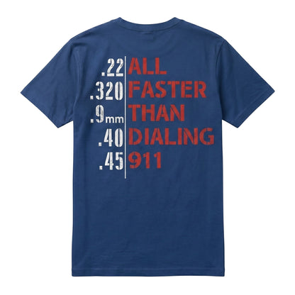  unisex blue t-shirt featuring a graphic print on the back with bullet calibers and text