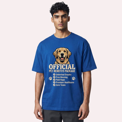  blue heavy cotton unisex t-shirt featuring a golden retriever and Official Pet Benefits Package text