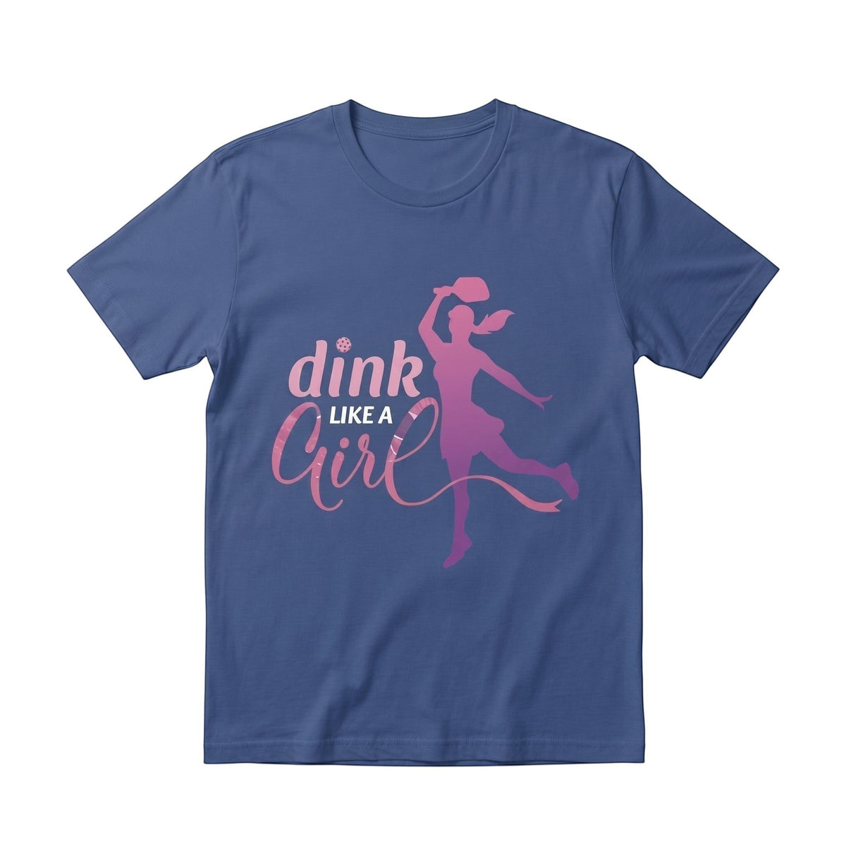  blue unisex cotton t-shirt featuring a pink Dink Like a Girl pickleball graphic print.