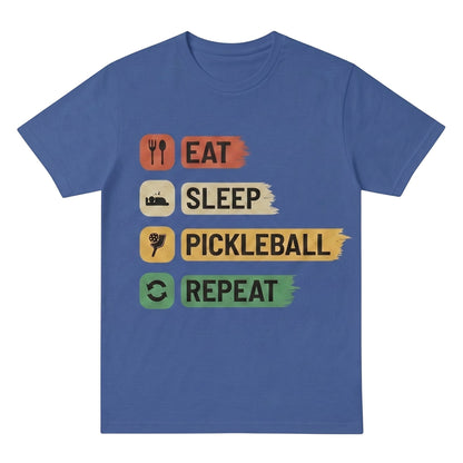  blue cotton unisex pickleball t-shirt with Eat Sleep Pickleball Repeat graphic print