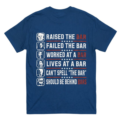  blue 100% cotton t-shirt featuring a back print with political satire text and portraits.