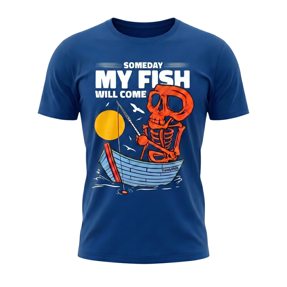  blue cotton unisex t-shirt featuring a graphic of a skeleton fishing from a boat at sunset.