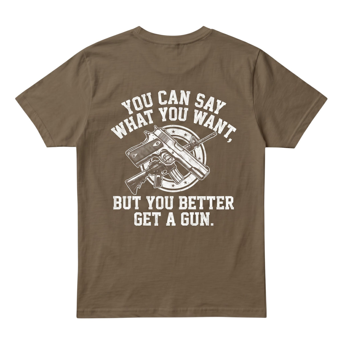  brown cotton t-shirt with a white graphic print of crossed firearms and bold text on the back.