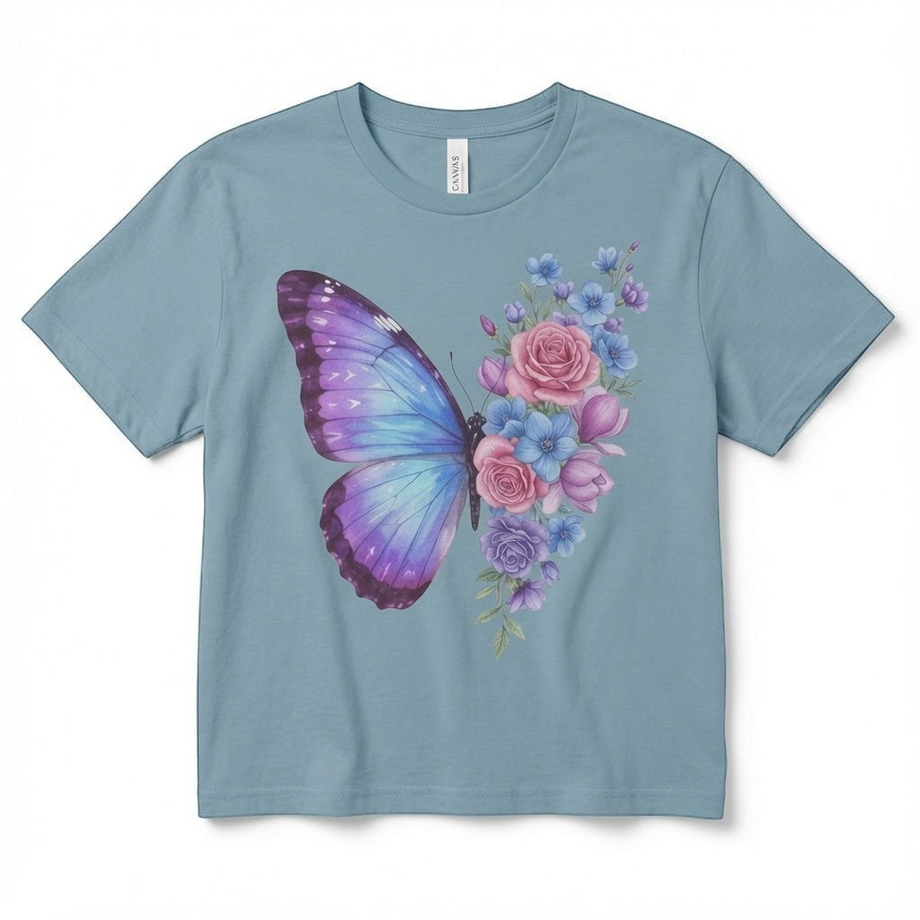  women's blue micro rib baby tee featuring a pastel butterfly and floral rose graphic print.