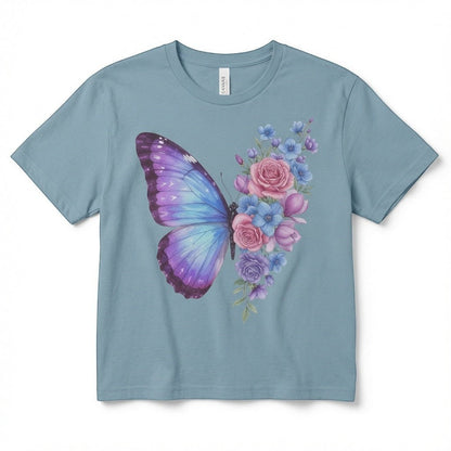  women's blue micro rib baby tee featuring a pastel butterfly and floral rose graphic print.