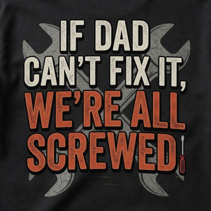  black cotton t-shirt featuring a vintage repair shop graphic with wrench and screwdriver icons.