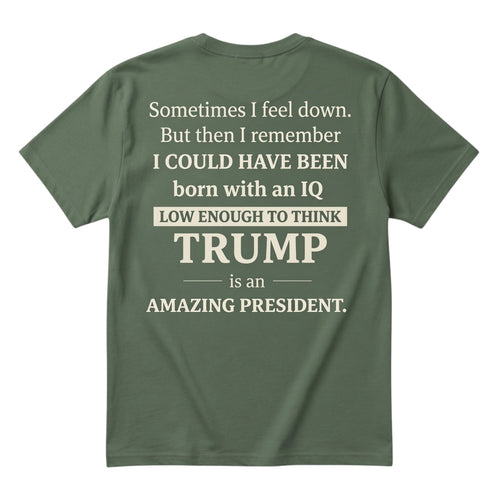  dark green unisex cotton t-shirt with bold white satirical political typography on the back.
