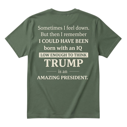  dark green unisex cotton t-shirt with bold white satirical political typography on the back.