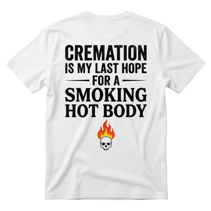  white unisex cotton t-shirt with back print featuring a dark humor quote and a flaming skull icon.