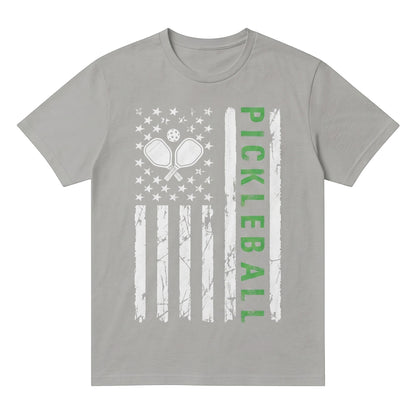  grey cotton pickleball t-shirt with distressed American flag and pickleball paddle graphic print.