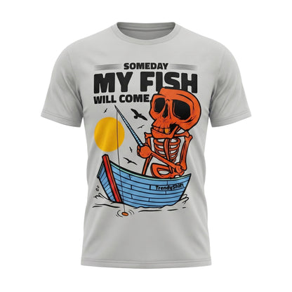  grey cotton unisex t-shirt featuring a graphic of an orange skeleton fishing in a blue boat.