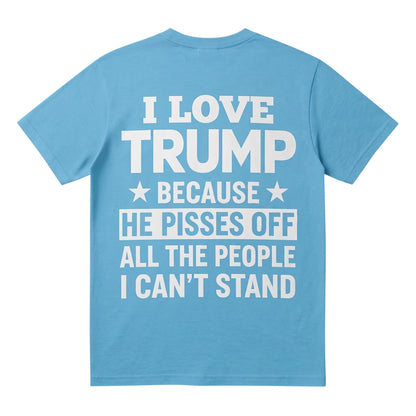  light blue unisex t-shirt with white I Love Trump text printed on the back