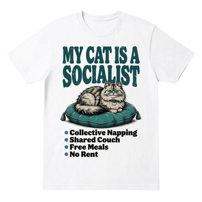  white cotton graphic tee featuring a cat on a teal cushion with the text My Cat Is a Socialist