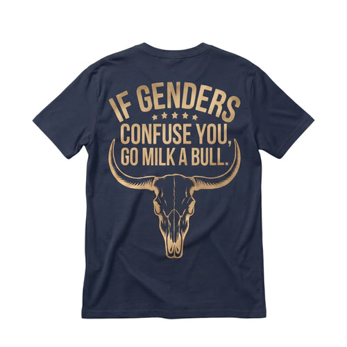  navy blue cotton t-shirt with a gold bull skull graphic and sarcastic text on the back.