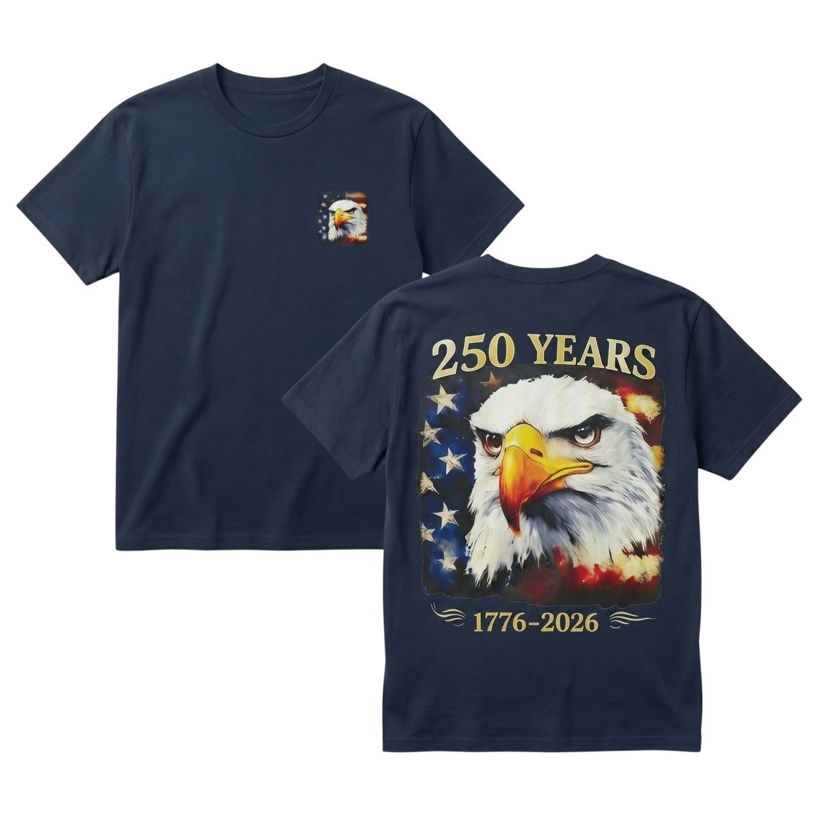  navy blue cotton t-shirt with American eagle and 250th anniversary flag graphic on front and back