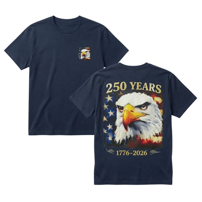  navy blue cotton t-shirt with American eagle and 250th anniversary flag graphic on front and back