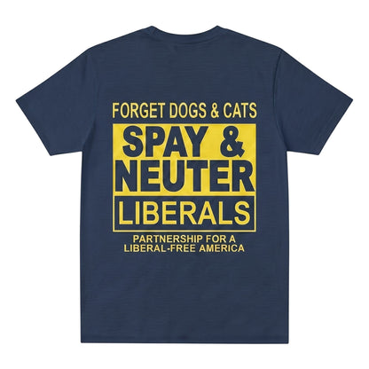  navy blue t-shirt with bold yellow political satire text print on the back