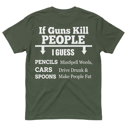  olive green unisex cotton t-shirt featuring white satirical typographic design on the back