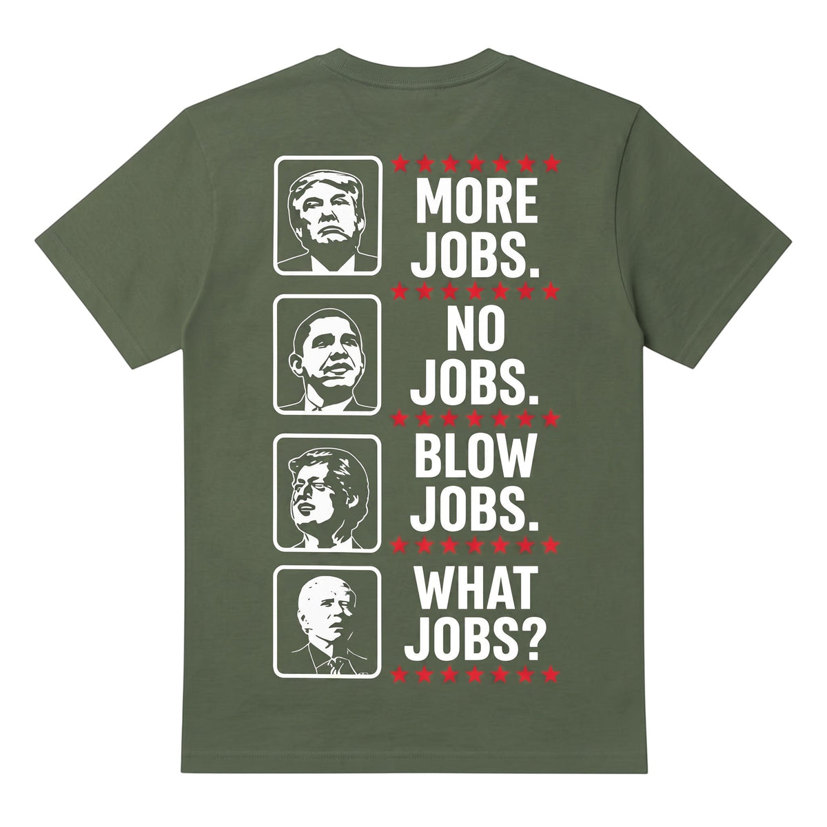  olive green cotton t-shirt with political satire graphic featuring portraits and humorous text.