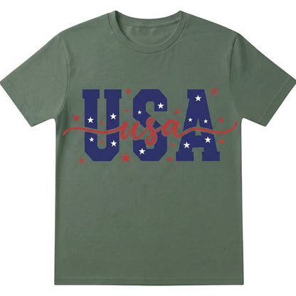  olive green unisex cotton t-shirt featuring a blue USA graphic with white stars and red script accent.