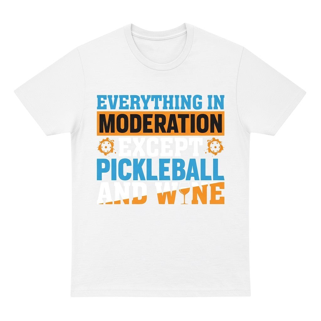  white cotton unisex t-shirt featuring a blue and orange Pickleball and wine graphic print.