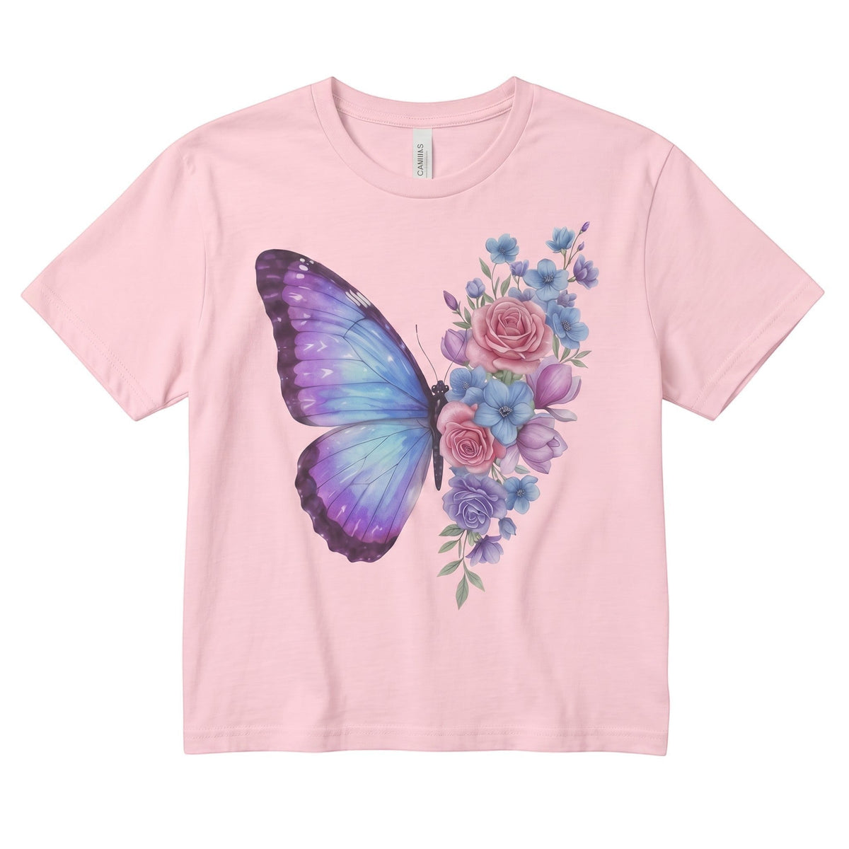  light pink micro rib baby tee featuring a pastel butterfly and floral rose design for a cottagecore look.