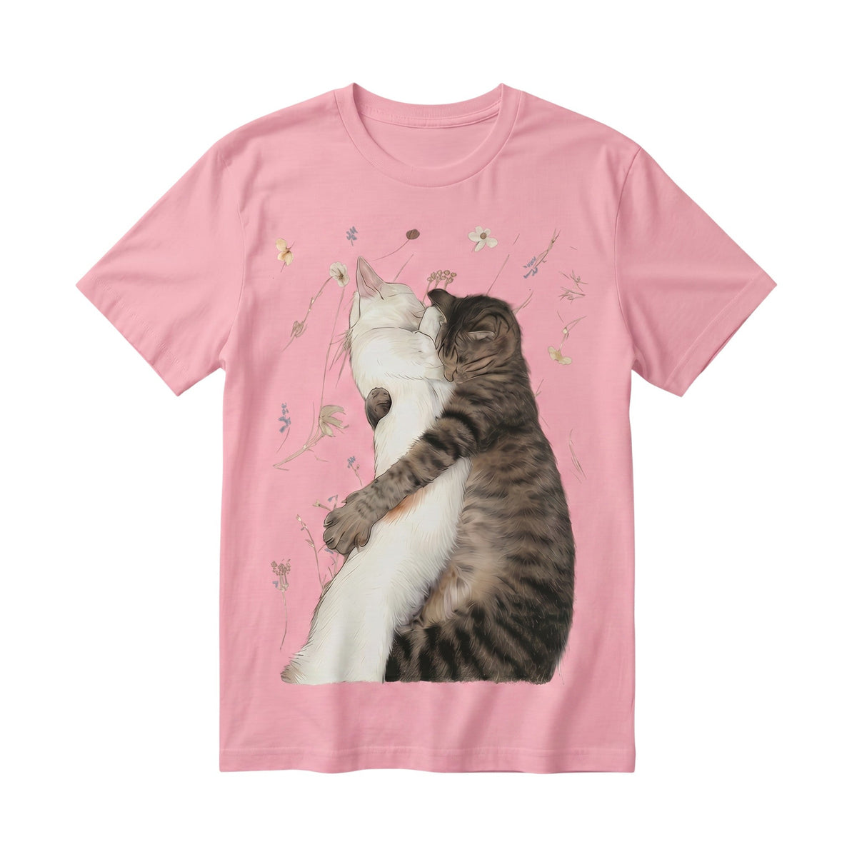  pink cotton t-shirt featuring a graphic illustration of a white cat and tabby cat hugging.