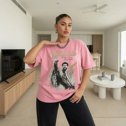  pink oversized cotton tribute t-shirt featuring a goalkeeper farewell graphic and Thank You text