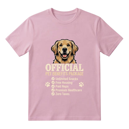  light pink cotton t-shirt featuring a golden retriever and Official Pet Benefits Package graphic.