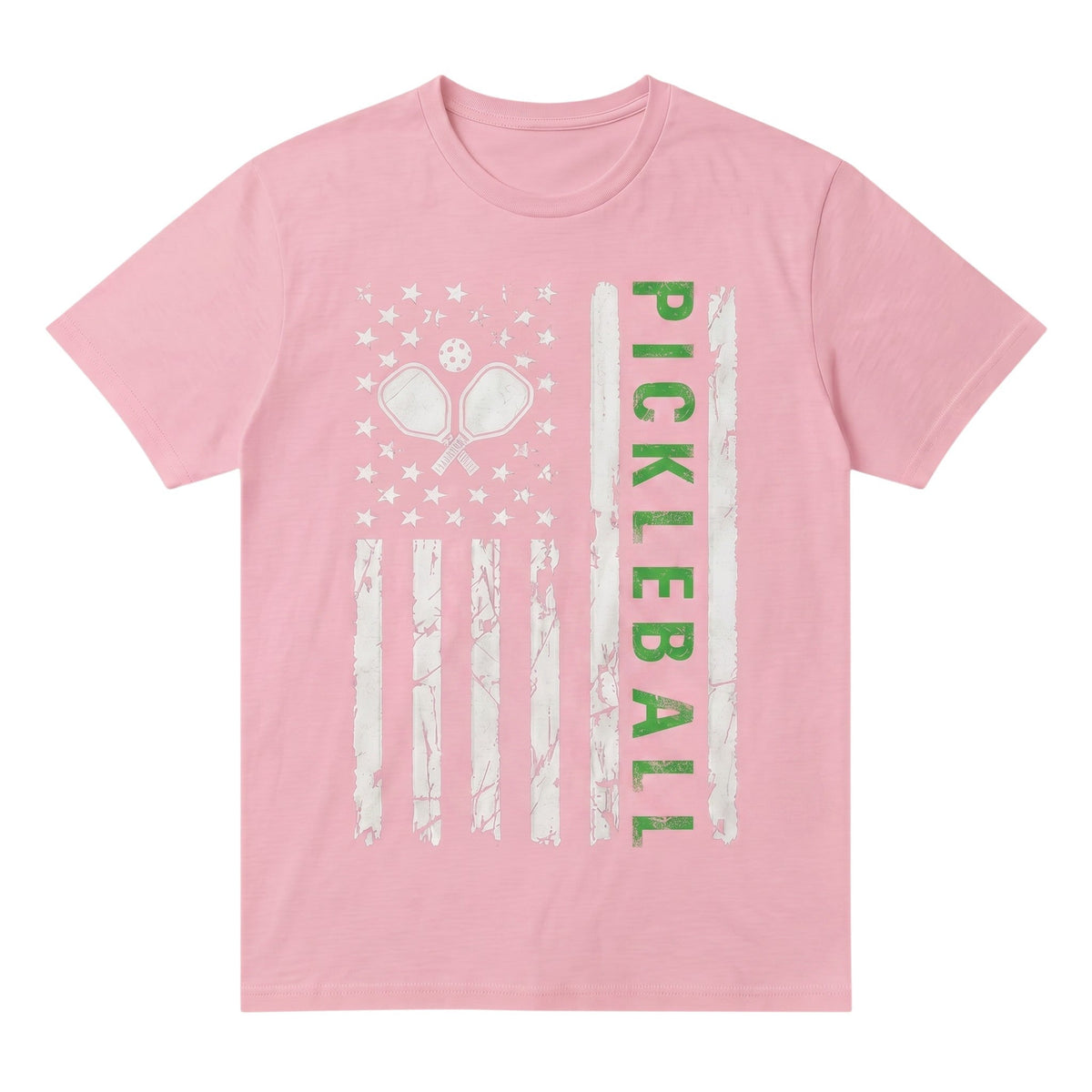  light pink unisex cotton t-shirt featuring a distressed American flag and pickleball graphic.