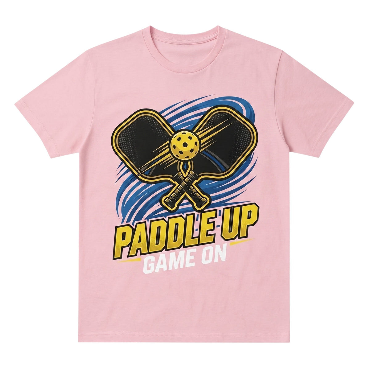  light pink cotton t-shirt featuring a Paddle Up Game On pickleball graphic with paddles and ball.