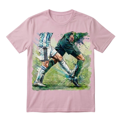  light pink cotton t-shirt featuring a dynamic watercolor soccer duel graphic print.