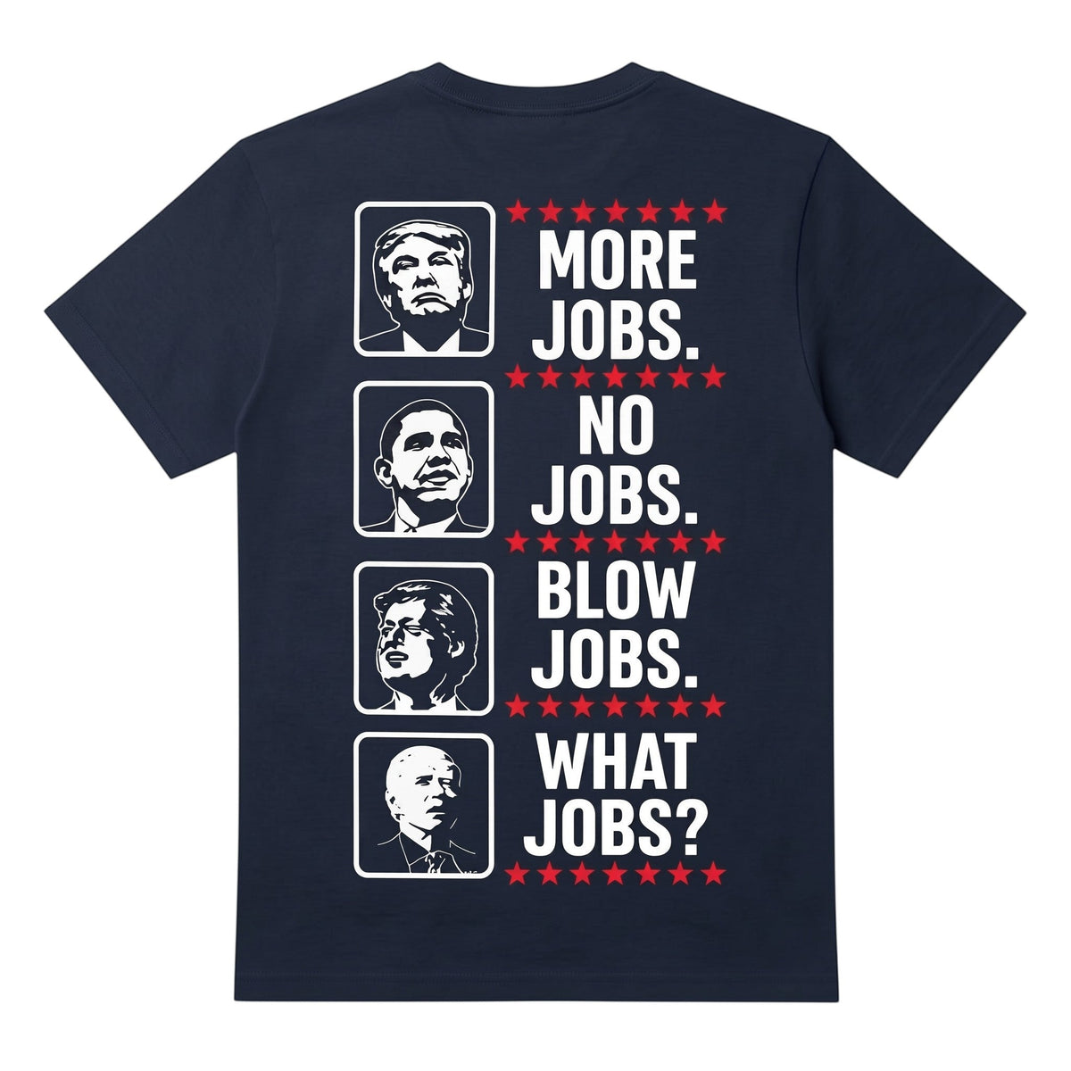  black cotton t-shirt featuring political satire graphic portraits and bold text on the back.