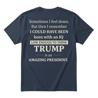  dark blue unisex cotton t-shirt featuring bold white satirical political typography on the back.