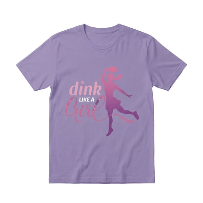  purple unisex cotton t-shirt featuring a pink pickleball player graphic and Dink Like a Girl text.