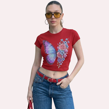  red micro rib baby tee with butterfly and floral graphic, worn by a model with sunglasses and jeans.